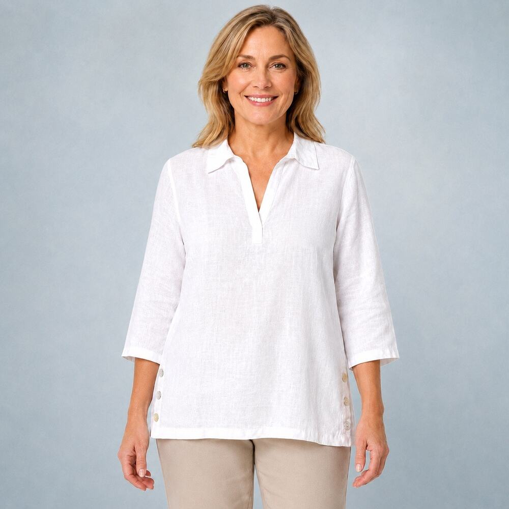 NWT White 100% Linen Tunic Top Large Sigrid Olsen 3/4 Sleeve Side Button -